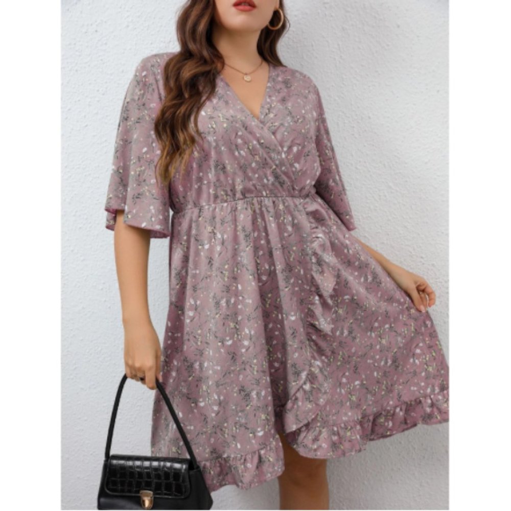 Plus Floral Print Overlap Collar Flutter Sleeve R… - image 3